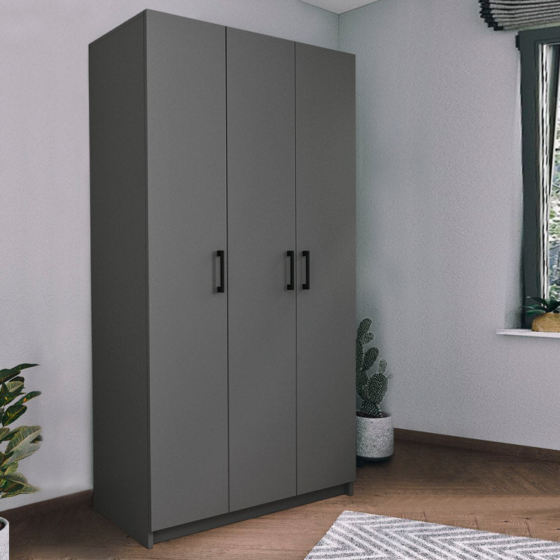 Wardrobe EMMY with 3 doors in anthracite color, featuring shelves and a clothes rail, designed for stylish storage.