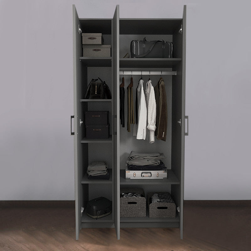 Wardrobe EMMY with 3 doors in anthracite color, featuring shelves and a clothes rail, designed for stylish storage.