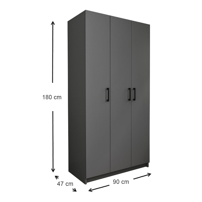 Wardrobe EMMY with 3 doors in anthracite color, featuring shelves and a clothes rail, designed for stylish storage.