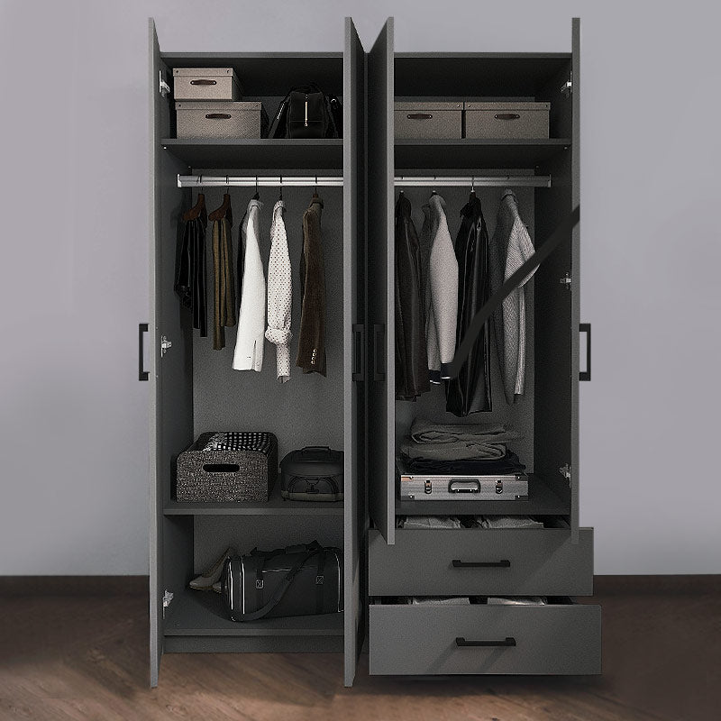 Wardrobe EMMY with 4 doors in anthracite color, featuring five shelves and two drawers, measuring 120x47x180 cm.