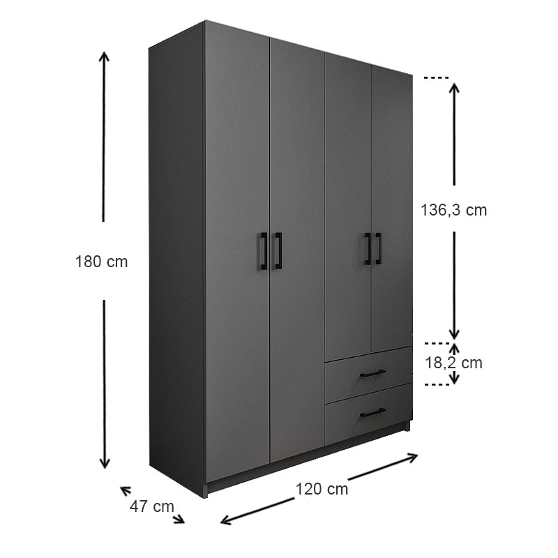 Wardrobe EMMY with 4 doors in anthracite color, featuring five shelves and two drawers, measuring 120x47x180 cm.