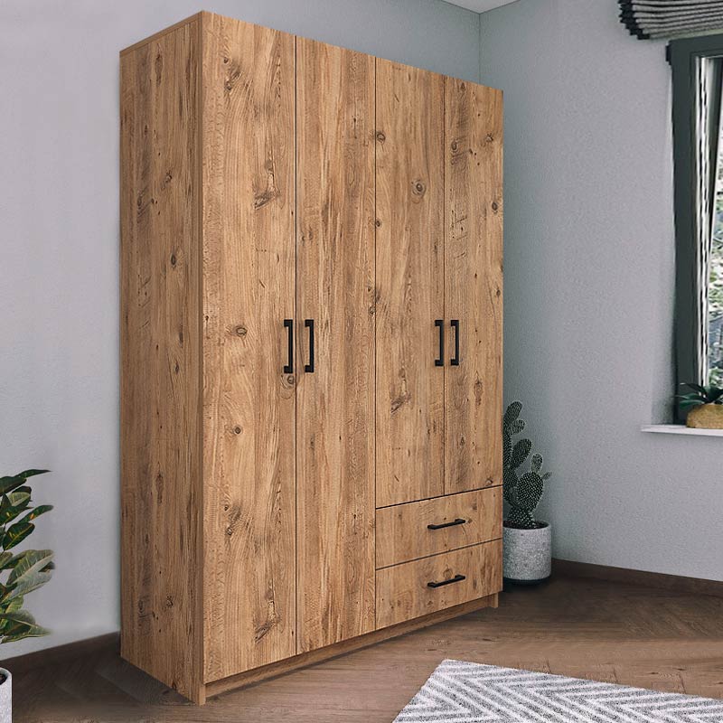 Wardrobe EMMY with 4 doors in oak finish, featuring five shelves and two drawers, measuring 120x47x180cm.