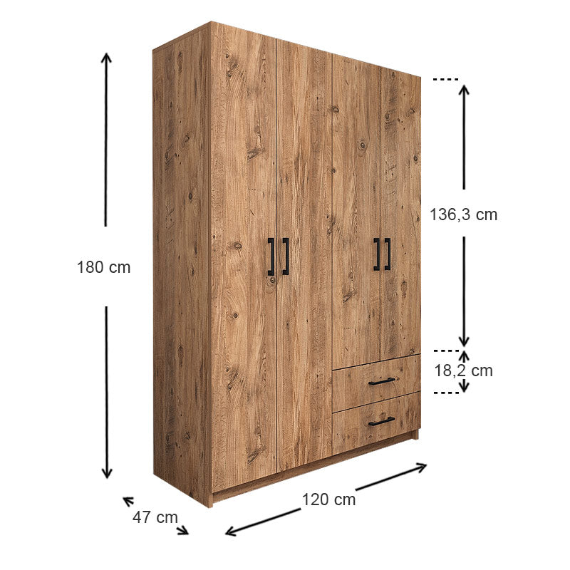 Wardrobe EMMY with 4 doors in oak finish, featuring five shelves and two drawers, measuring 120x47x180cm.