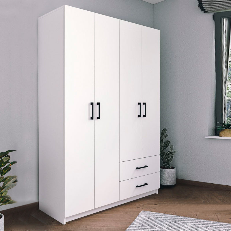 EMMY Wardrobe with 4 doors in white, featuring five shelves and two drawers, designed for stylish storage.