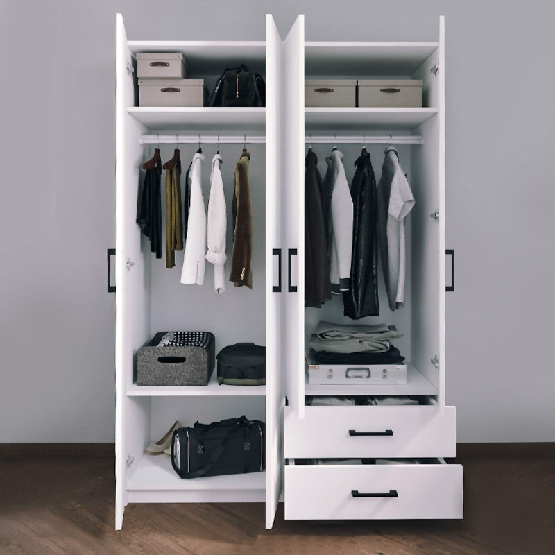 EMMY Wardrobe with 4 doors in white, featuring five shelves and two drawers, designed for stylish storage.