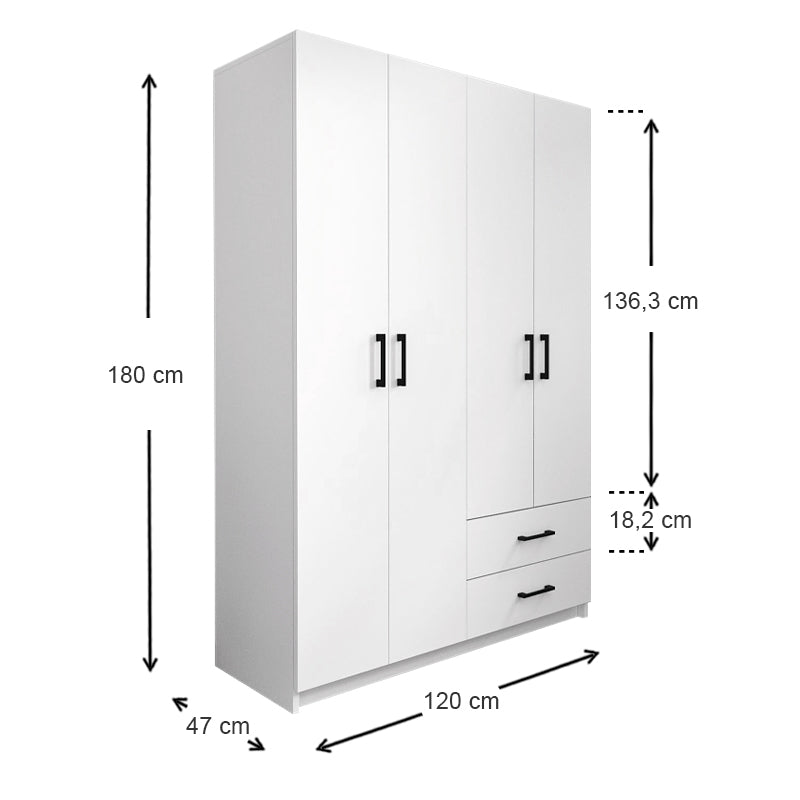 EMMY Wardrobe with 4 doors in white, featuring five shelves and two drawers, designed for stylish storage.