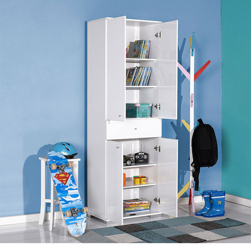 Wardrobe HELENA with 2 doors in white, featuring a middle drawer and multiple shelves for organized storage.