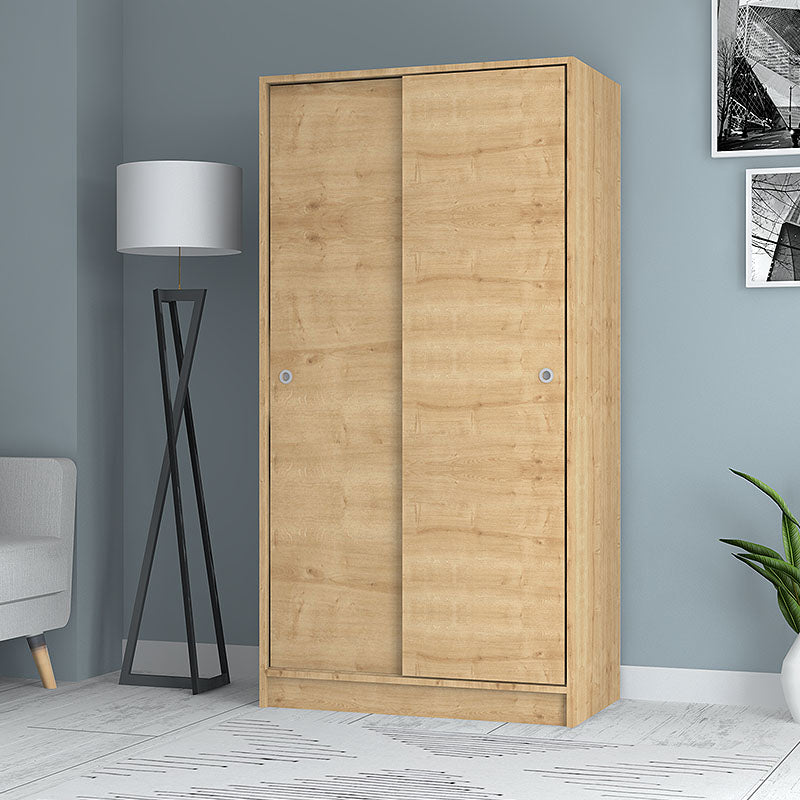 Wardrobe HUNTA Oak featuring two-leaf sliding doors, made of natural beech melamine, showcasing its spacious interior and modern design.