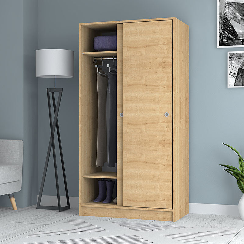 Wardrobe HUNTA Oak featuring two-leaf sliding doors, made of natural beech melamine, showcasing its spacious interior and modern design.