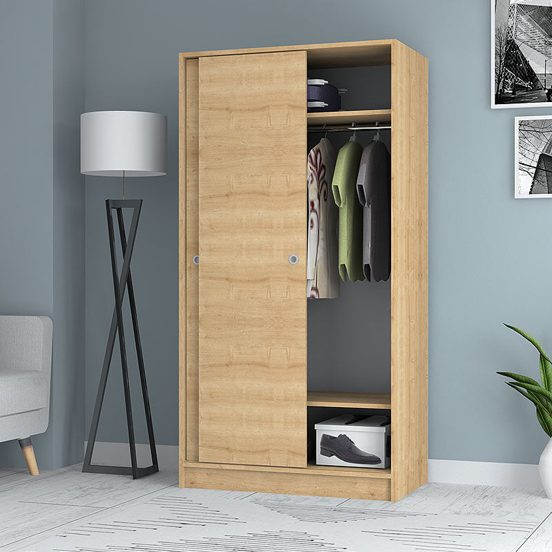 Wardrobe HUNTA Oak featuring two-leaf sliding doors, made of natural beech melamine, showcasing its spacious interior and modern design.