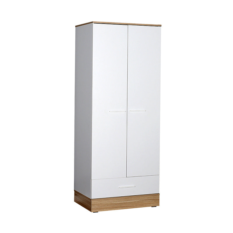 Wardrobe MARSEILLE with 2 doors in white and sonoma finish, featuring a loft, metal rail, and bottom drawer.