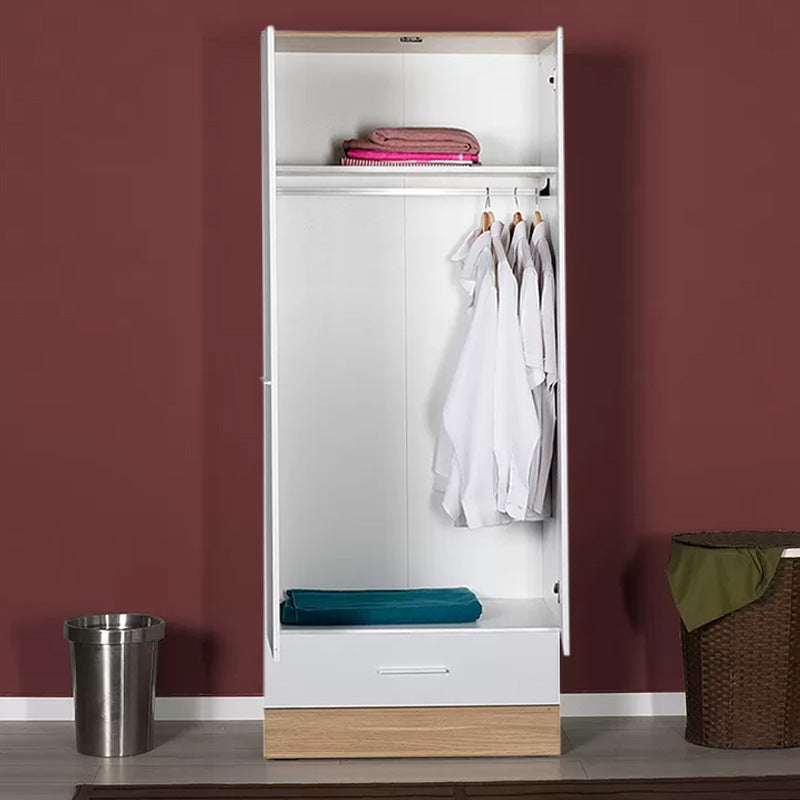 Wardrobe MARSEILLE with 2 doors in white and sonoma finish, featuring a loft, metal rail, and bottom drawer.