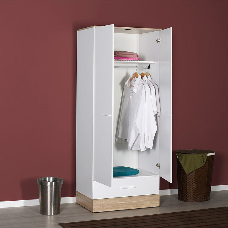 Wardrobe MARSEILLE with 2 doors in white and sonoma finish, featuring a loft, metal rail, and bottom drawer.