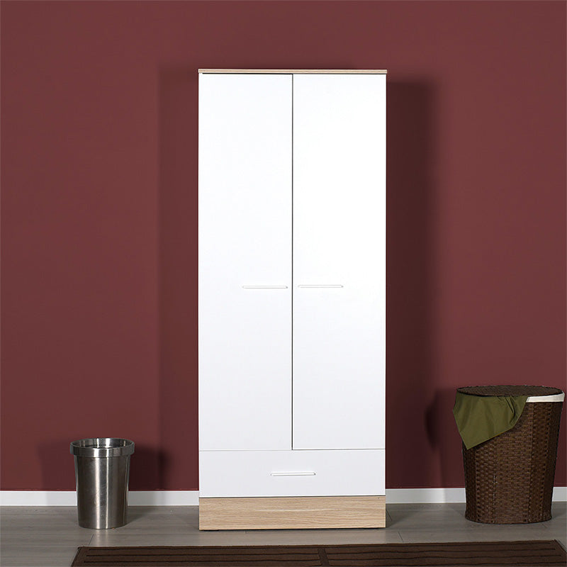 Wardrobe MARSEILLE with 2 doors in white and sonoma finish, featuring a loft, metal rail, and bottom drawer.