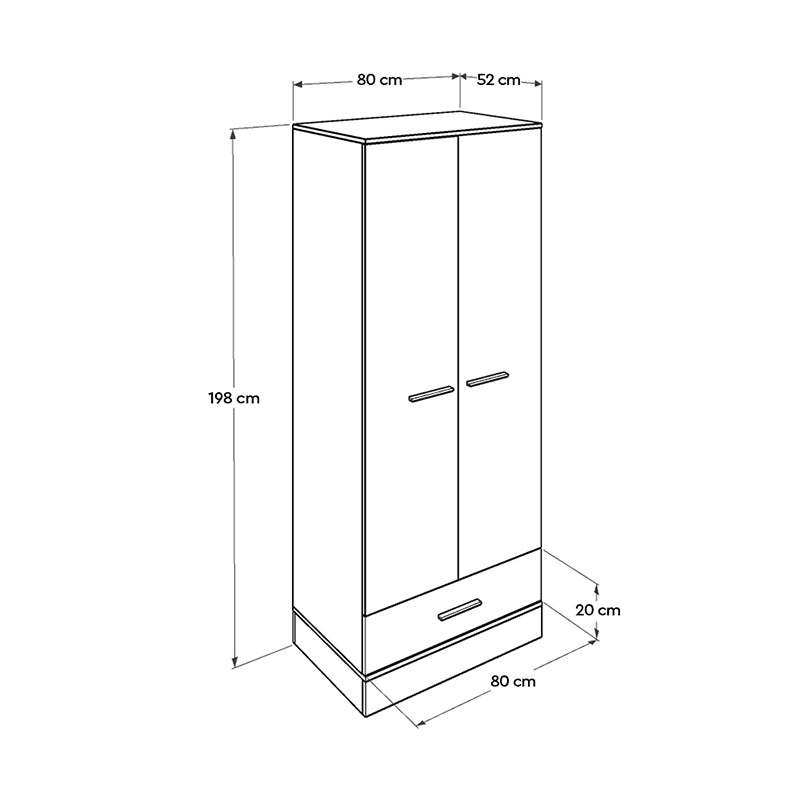 Wardrobe MARSEILLE with 2 doors in white and sonoma finish, featuring a loft, metal rail, and bottom drawer.