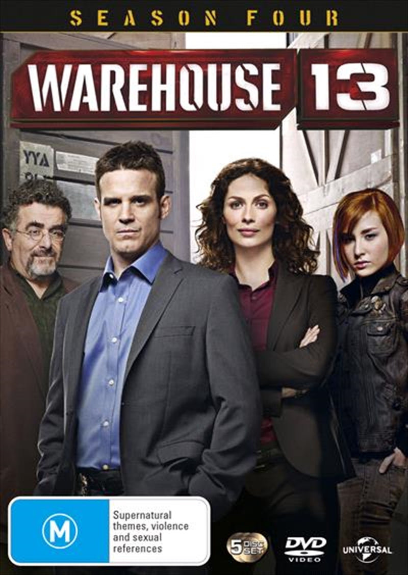 Warehouse 13 Season 4 DVD cover featuring the main characters and mystical artifacts.