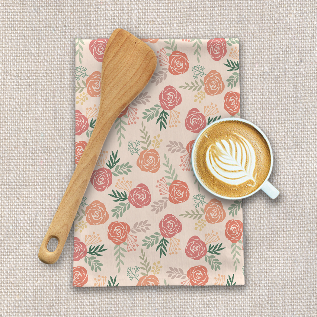 Warm Floral Tea Towel featuring a vibrant floral design on durable cotton twill fabric, perfect for kitchen use.