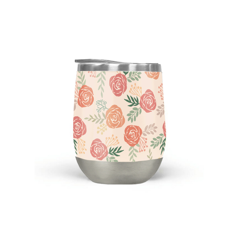 A stylish Warm Floral Wine Tumbler with a vibrant floral design, showcasing its double-wall stainless steel construction and included plastic lid.