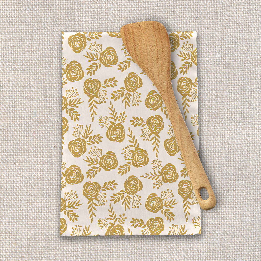 Warm Gold Floral Tea Towel featuring a charming floral design on durable cotton twill fabric, perfect for kitchen use.