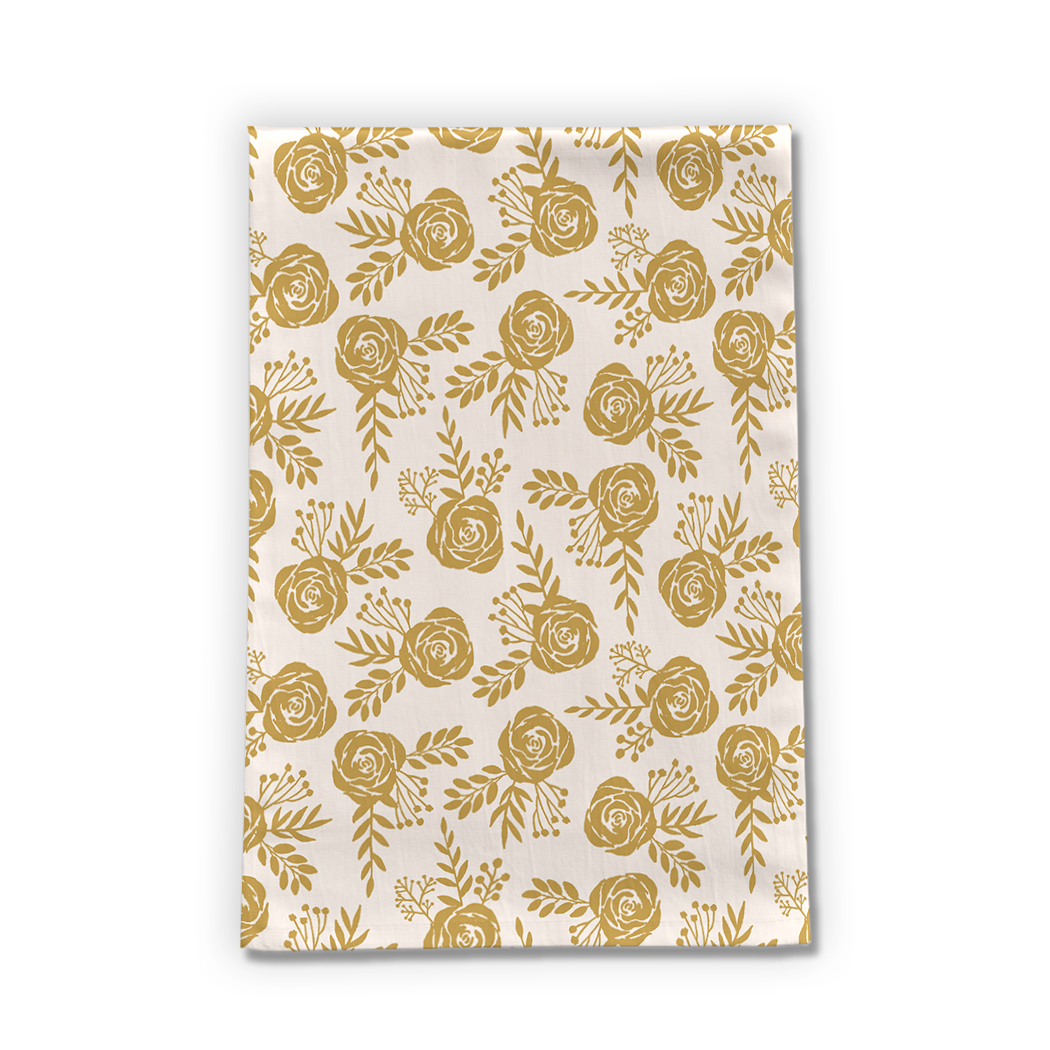 Warm Gold Floral Tea Towel featuring a charming floral design on durable cotton twill fabric, perfect for kitchen use.