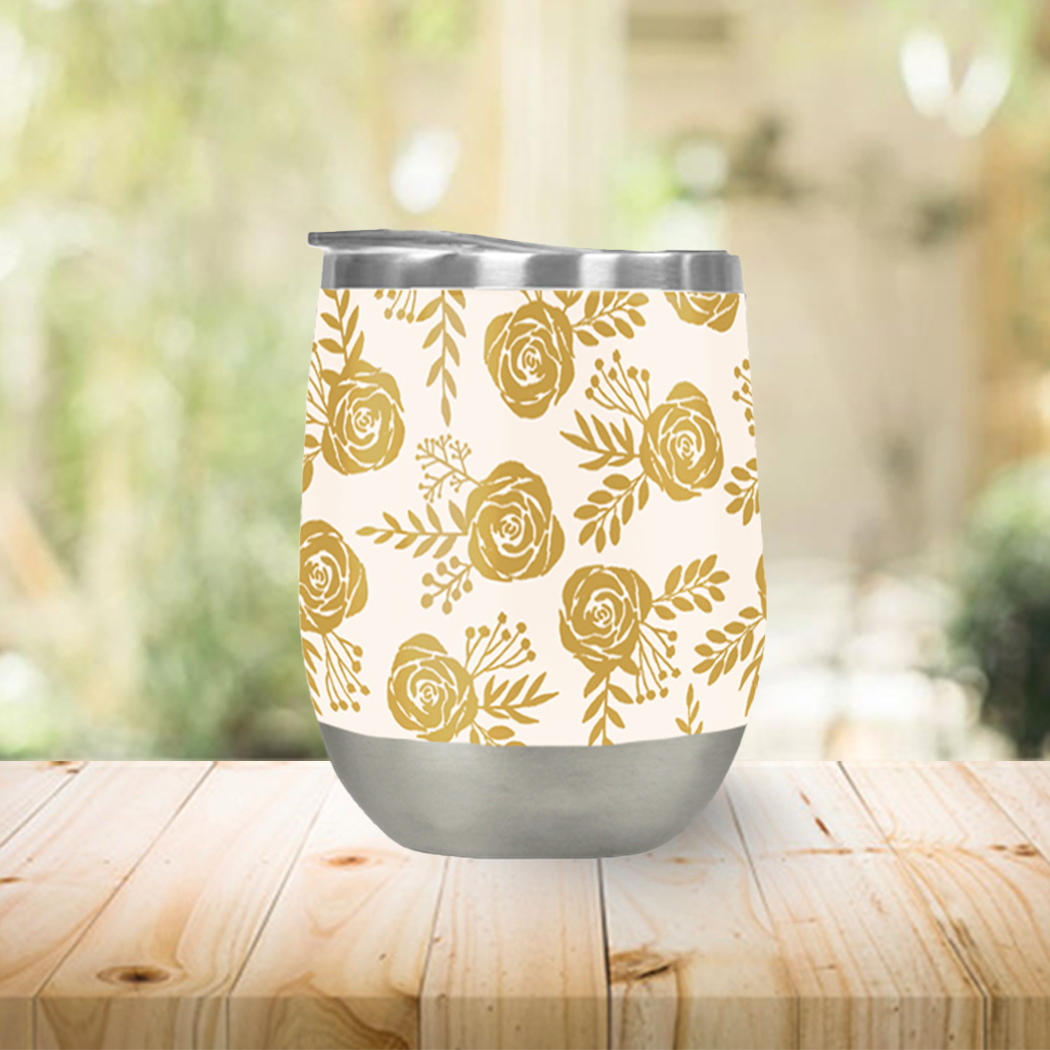 Warm Gold Floral Wine Tumbler with double-wall insulation and floral design, perfect for outdoor use.