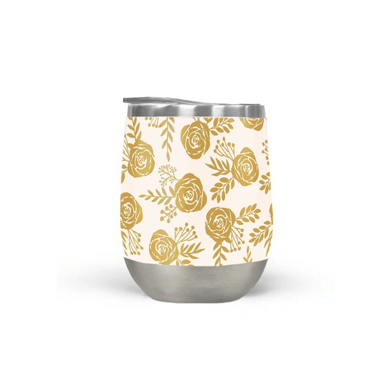 Warm Gold Floral Wine Tumbler with double-wall insulation and floral design, perfect for outdoor use.