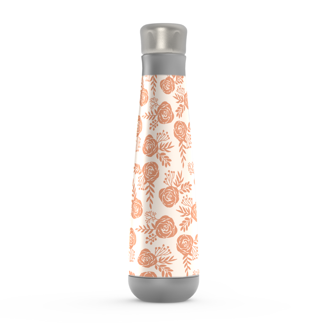 Warm Orange Floral Water Bottle made of stainless steel with a floral design, featuring a screw-on lid and vacuum insulation.