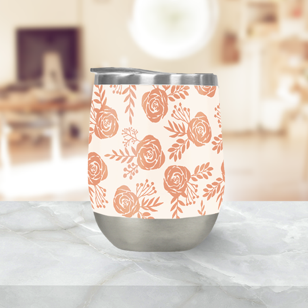 Warm Orange Floral Wine Tumbler with double-wall insulation and vibrant floral design, perfect for outdoor use.