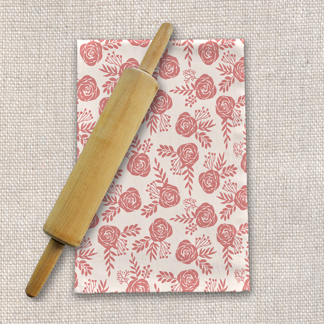 Warm Pink Floral Tea Towel featuring a beautiful floral design on soft cotton twill fabric, perfect for kitchen use.