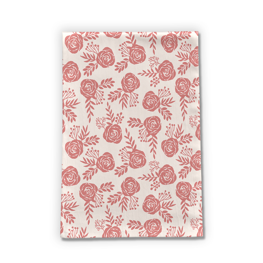 Warm Pink Floral Tea Towel featuring a beautiful floral design on soft cotton twill fabric, perfect for kitchen use.