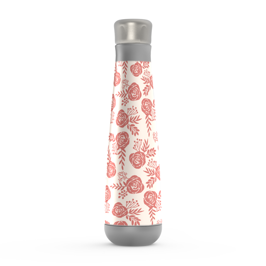 Warm Pink Floral Water Bottle with stainless steel design and floral pattern, perfect for hydration on the go.