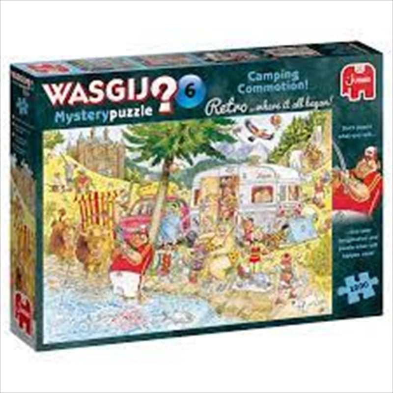 Wasgij 1000 Piece Puzzle featuring a colorful retro camping scene with various characters and camping gear.