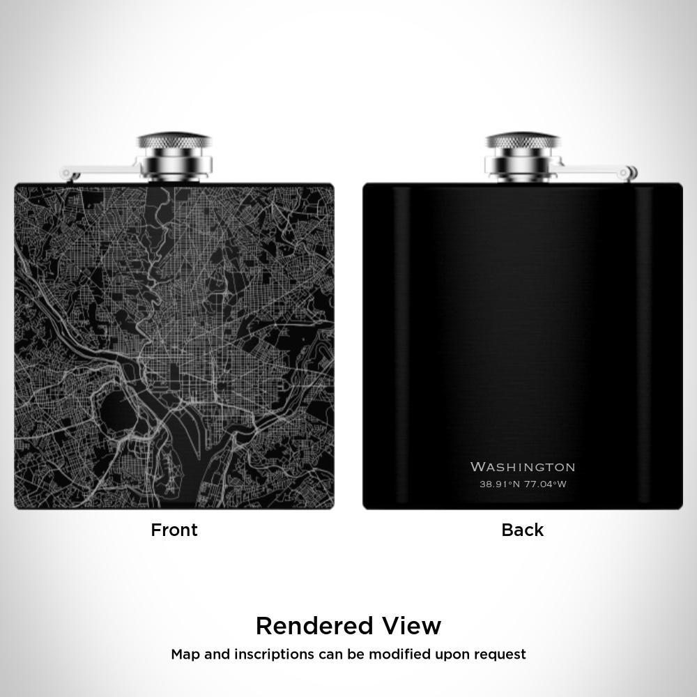 Custom engraved matte black hip flask featuring a detailed map of Washington, United States with coordinates.