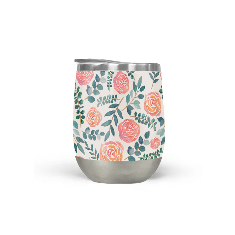 A stylish Watercolor Floral Wine Tumbler featuring a vibrant floral design, made of stainless steel with a plastic lid.