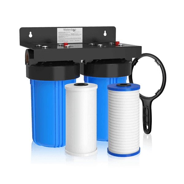 Waterdrop WHF21-PG 5 Micron 2-Stage Whole House Water Filtration system with clear housing and filters visible.