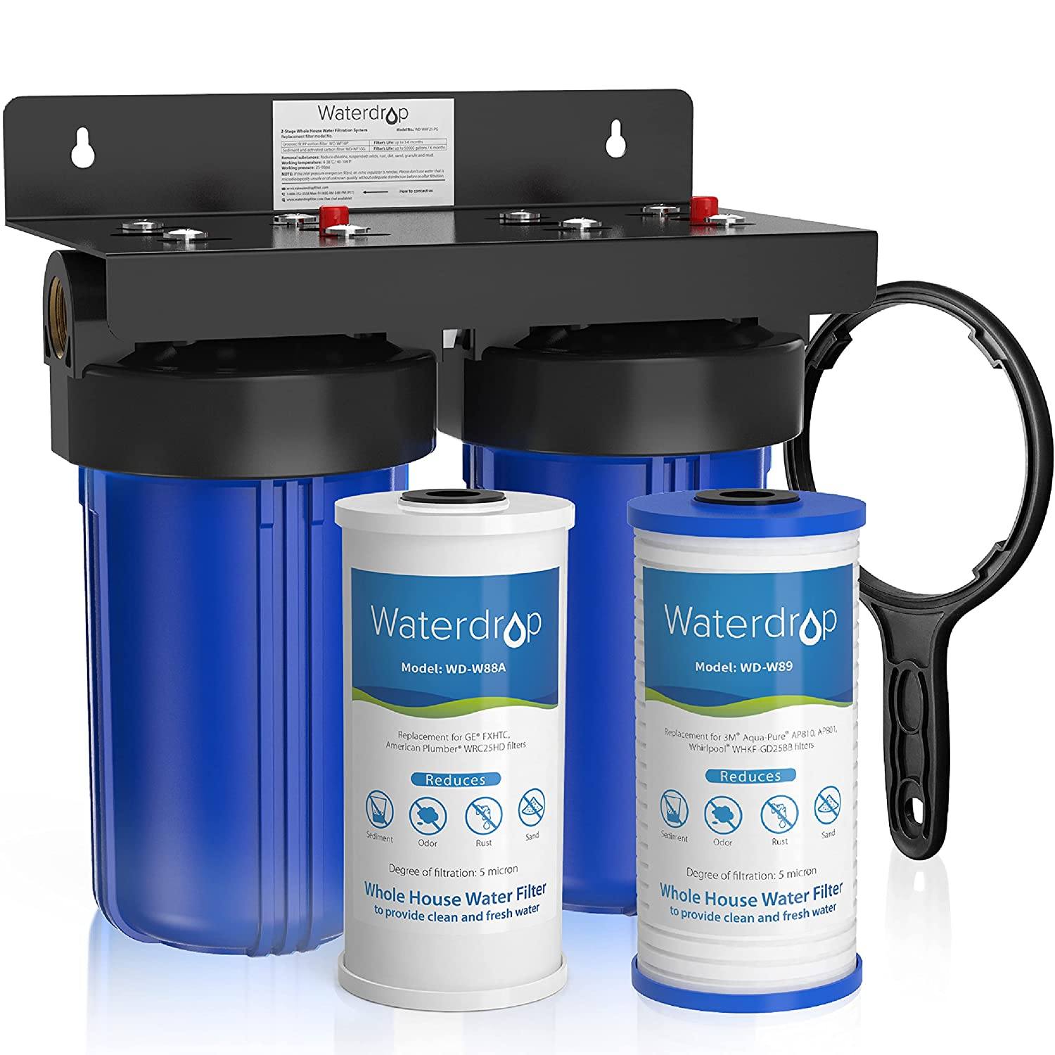 Waterdrop WHF21-PG 5 Micron 2-Stage Whole House Water Filtration system with clear housing and filters visible.