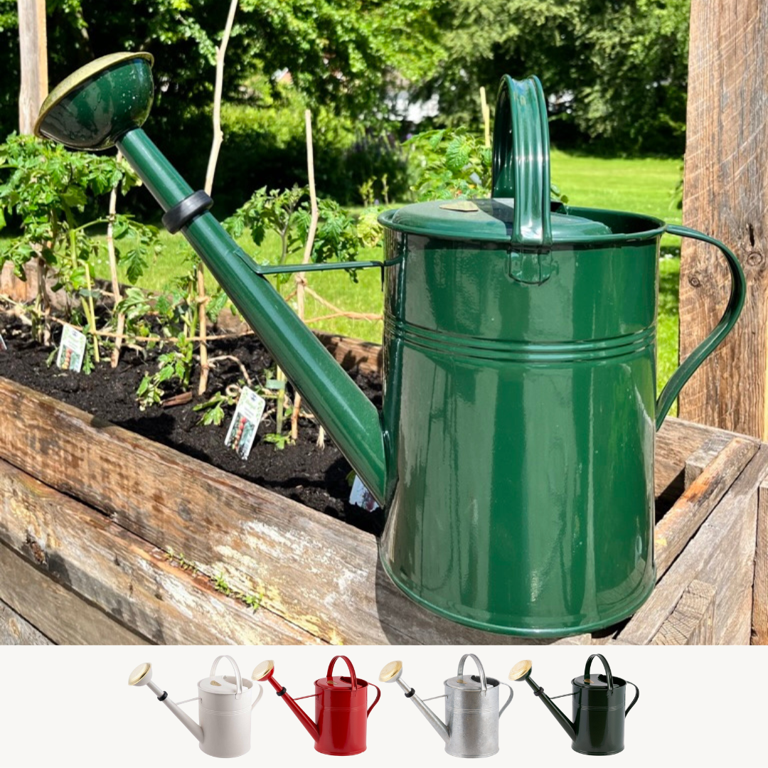 A sturdy 9-liter watering can made of hot-dip galvanized metal, featuring a rough finish and strong welds, ideal for indoor and outdoor use.