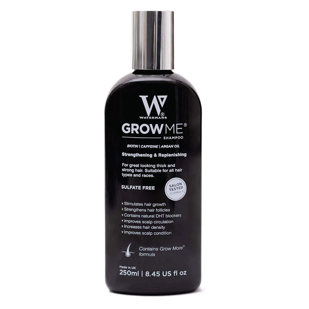 Watermans Grow Me Hair Growth Shampoo 250ml bottle with DHT blocking ingredients, Biotin, and Argan Oil for healthy hair.