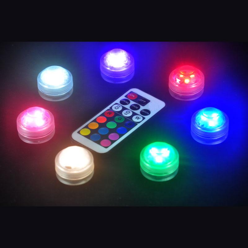 Waterproof LED lights with remote control designed for glass bongs, oil rigs, and decorative use, showcasing vibrant colors and compact size.