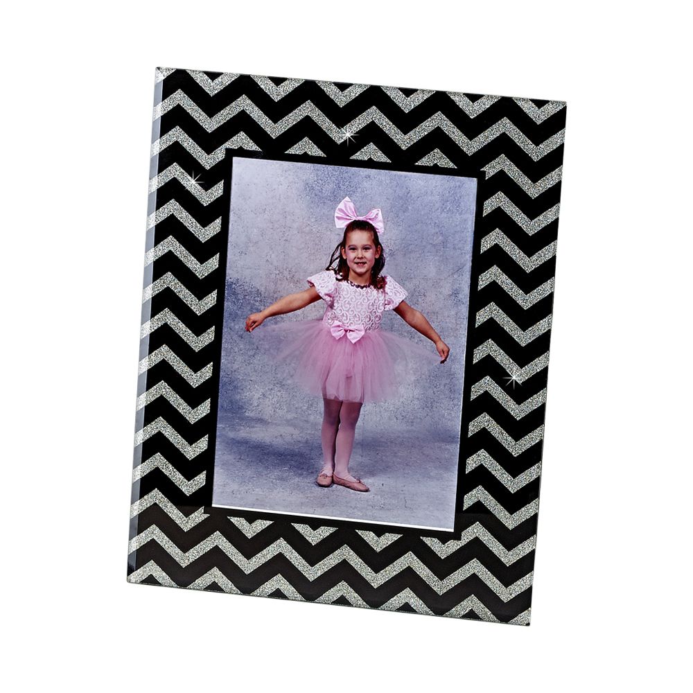 Waves 5" x 7" photo frame featuring black polished glass and silver glittery design, suitable for vertical or horizontal display.