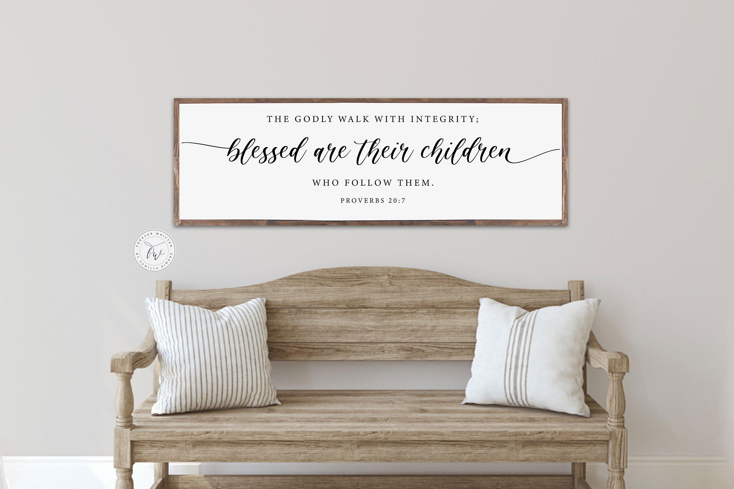 Way Maker Hand Crafted Wood Frame Sign featuring Proverbs 20:7, showcasing unique wood grain and customizable frame colors.