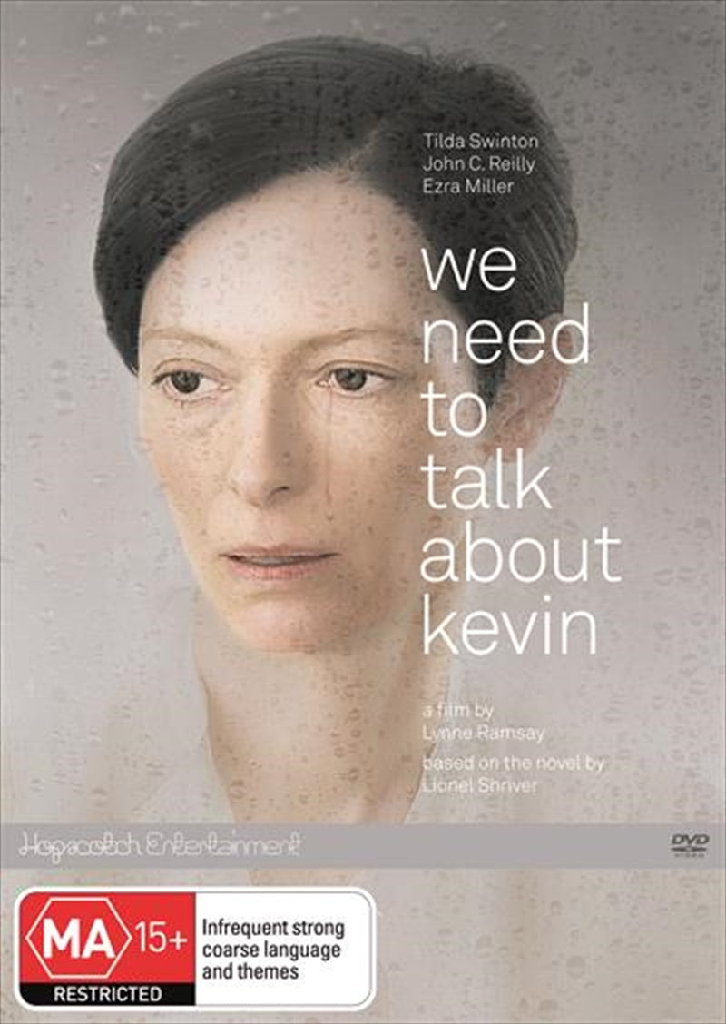 We Need To Talk About Kevin DVD cover featuring Tilda Swinton and Ezra Miller, showcasing a dramatic and emotional theme.