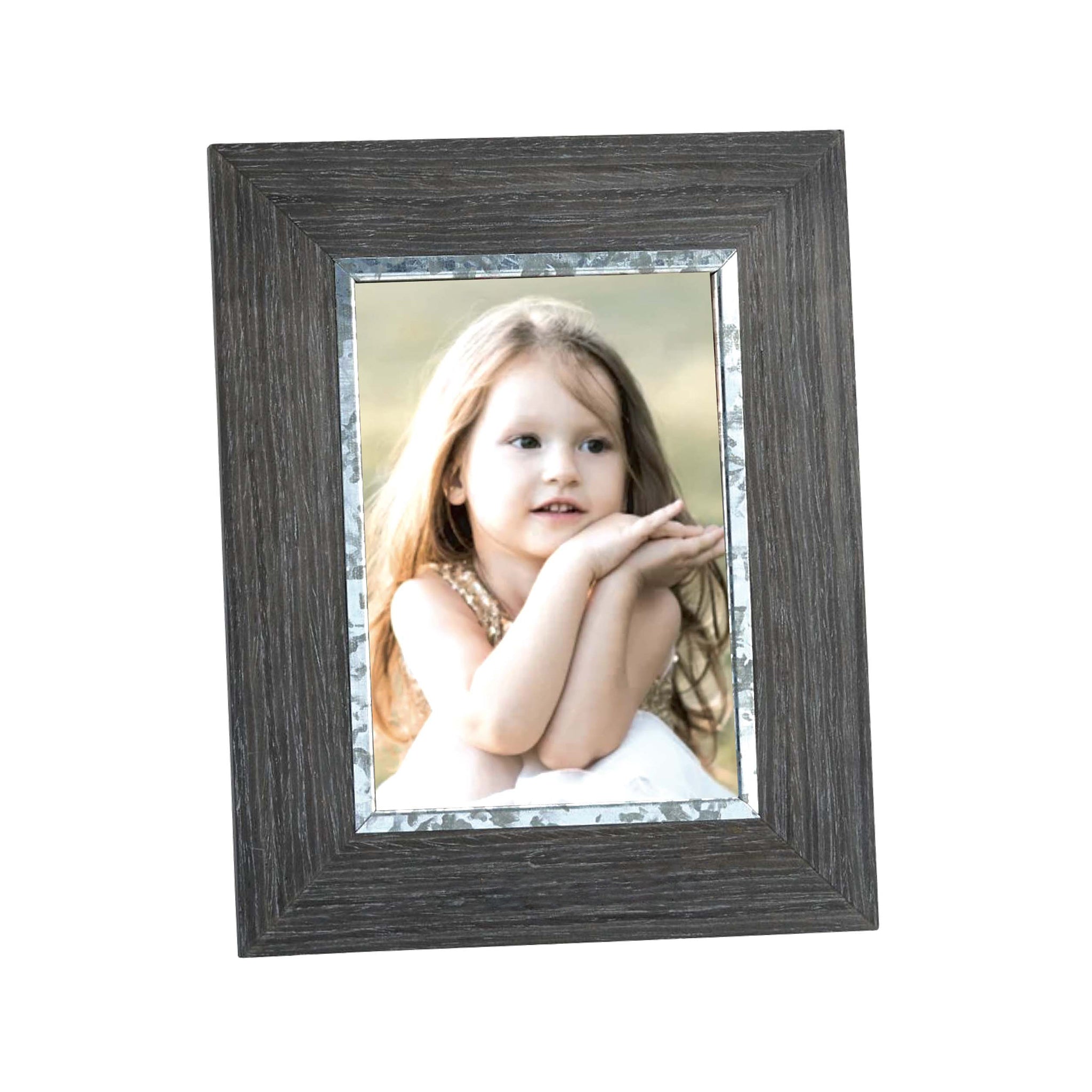 Weathered Grey 4" x 6" wood frame with galvanized steel border, perfect for displaying cherished photos.