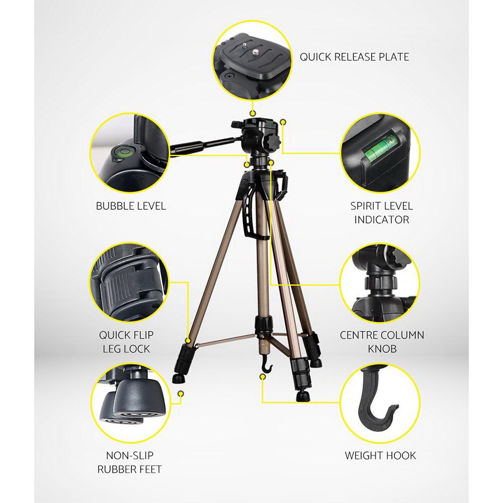 Weifeng Professional Camera Tripod Monopod Stand with DSLR Pan Head Mount, showcasing its sturdy aluminium build and features.