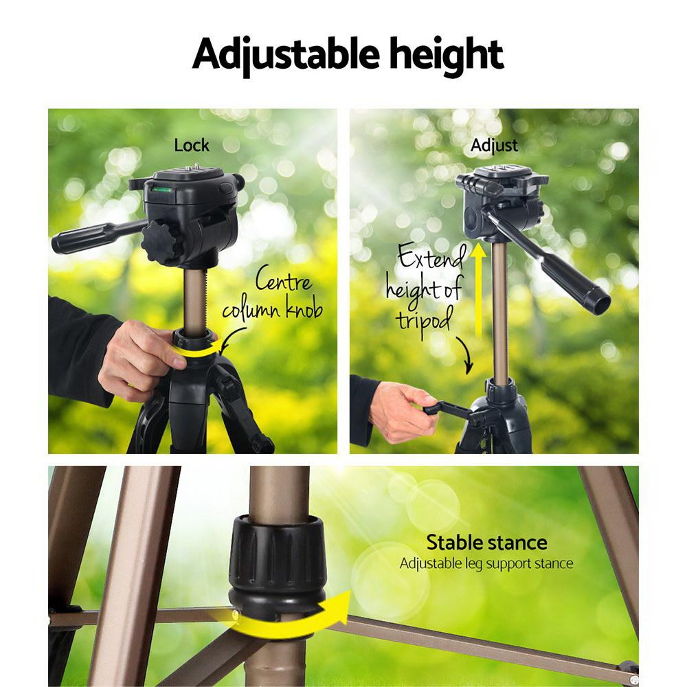 Weifeng Professional Camera Tripod Monopod Stand with DSLR Pan Head Mount, showcasing its sturdy aluminium build and features.