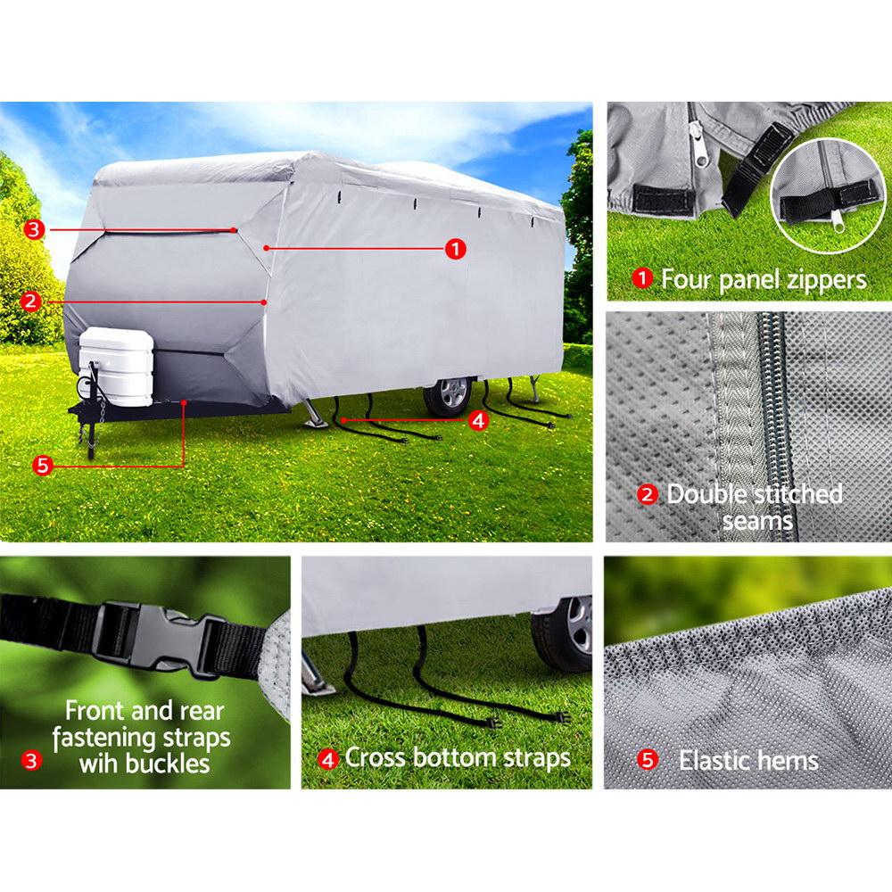 Weisshorn 14-16ft Caravan Cover showcasing its 4-layer design, water-resistant and UV stable features, ideal for protecting campervans.