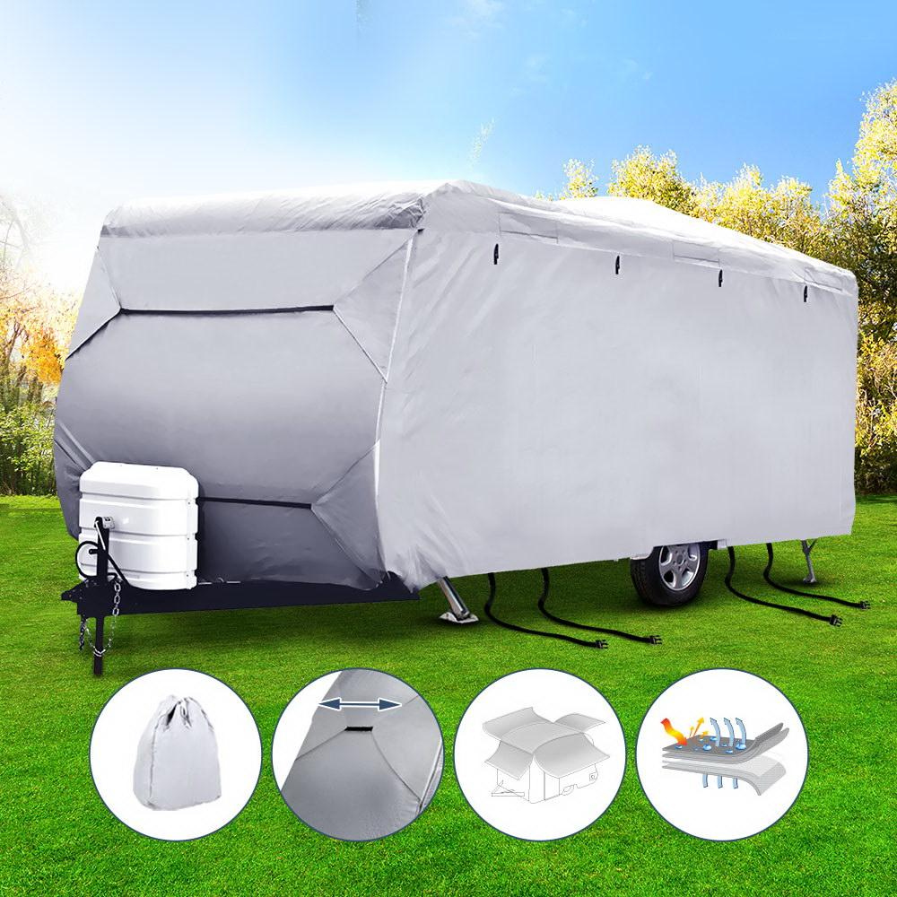 Weisshorn 14-16ft Caravan Cover showcasing its 4-layer design, water-resistant and UV stable features, ideal for protecting campervans.