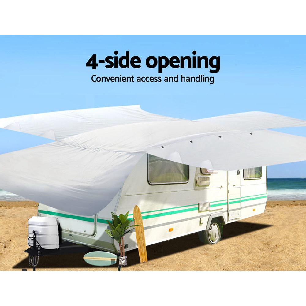 Weisshorn 16-18ft Caravan Cover in grey, showcasing its heavy-duty 4-layer design and zipper access panels.