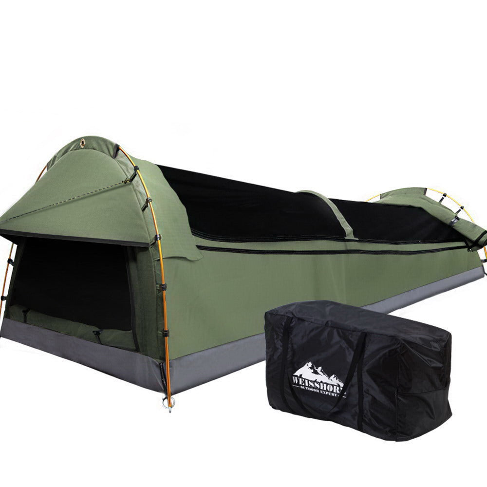 Weisshorn Double Swag Camping Tent in Celadon color, showcasing its durable canvas material and spacious design.