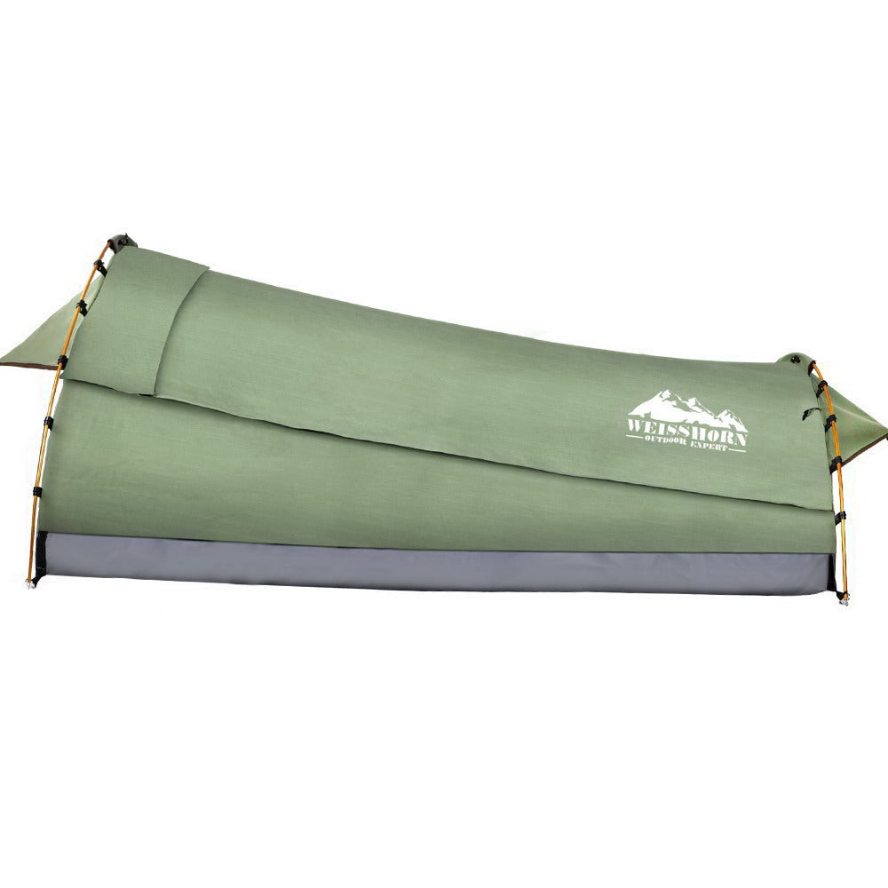 Weisshorn Double Swag Camping Tent in Celadon color, showcasing its durable canvas material and spacious design.